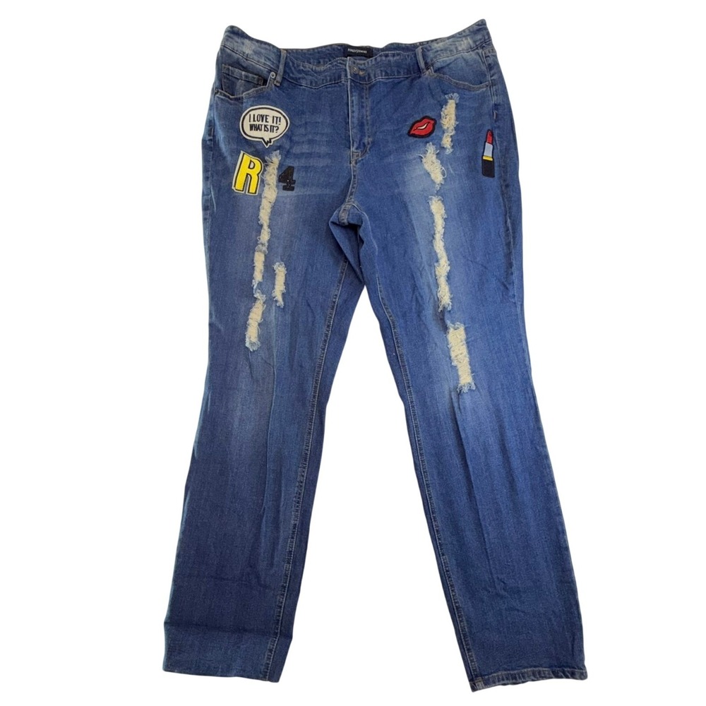 Ashley Stewart Distressed Jeans Women Size 22 Blue‎ Graphic Patches